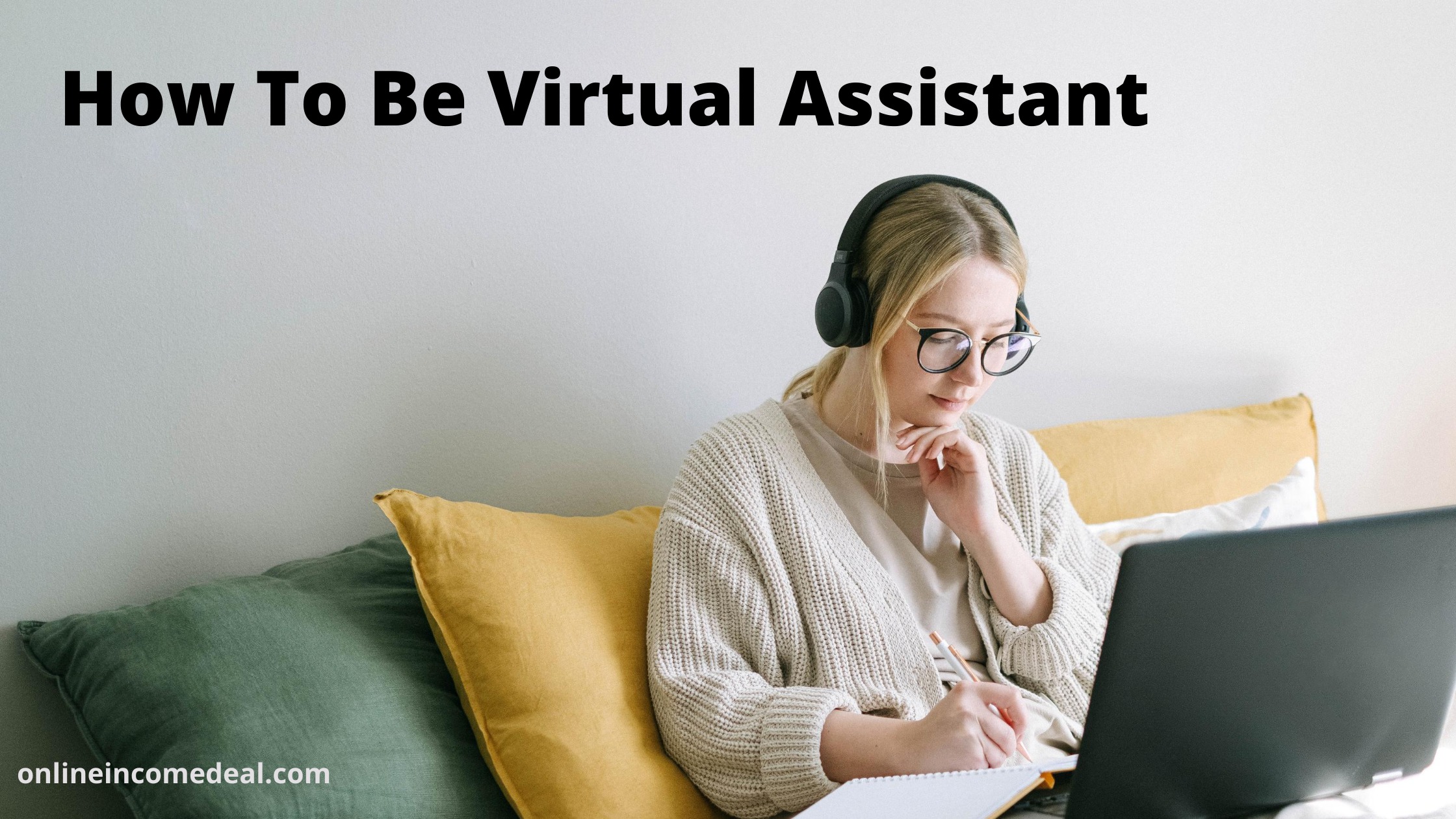 A lady listen to headphone and writing notes